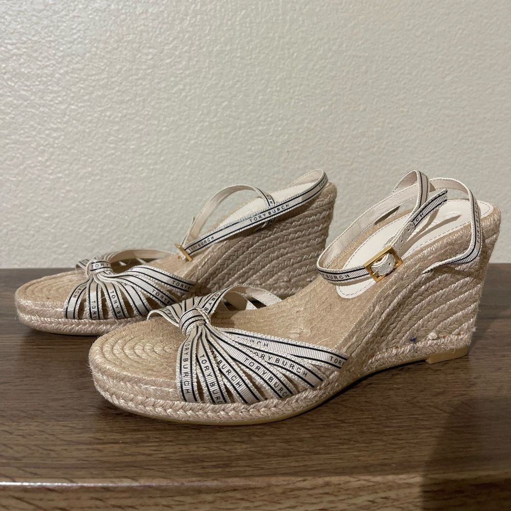Tory Burch Tan and Black Wedge Sandals